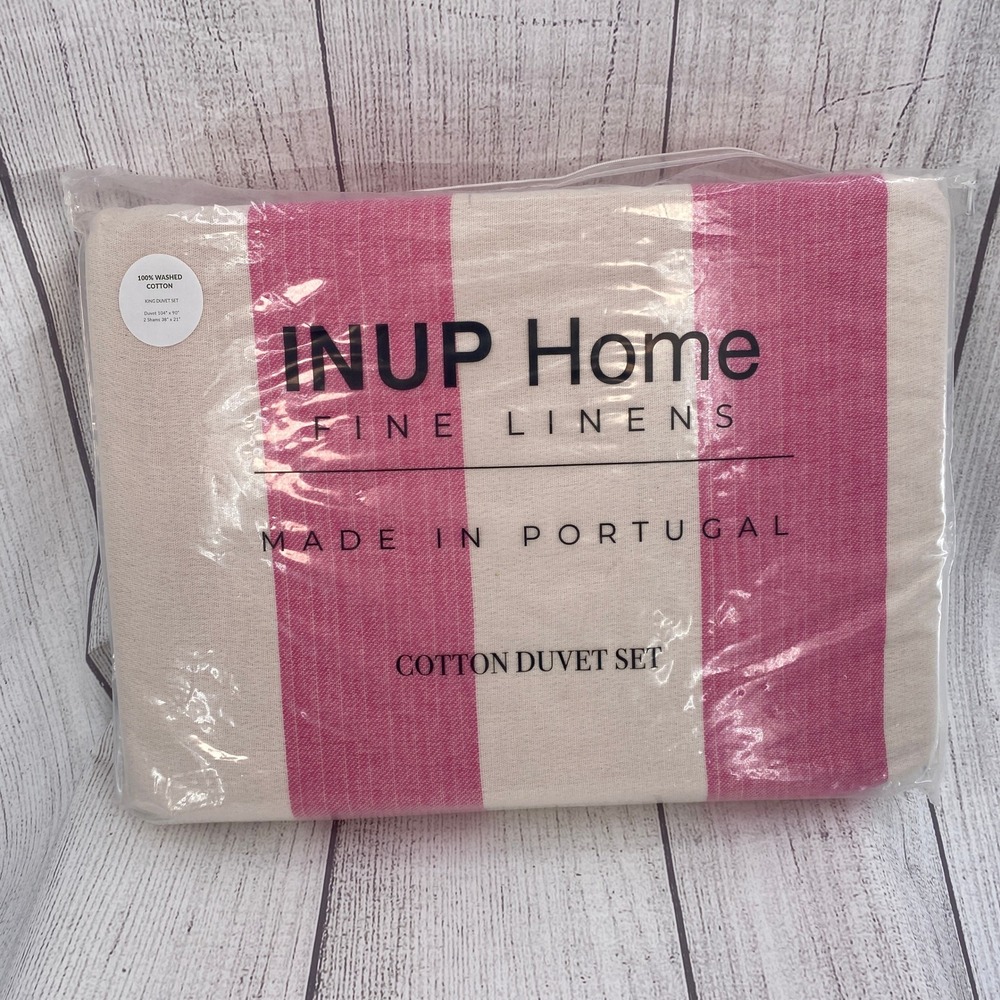 INUP Home Duvet Set King Pink White Stripe Washed 100% Cotton Portugal European